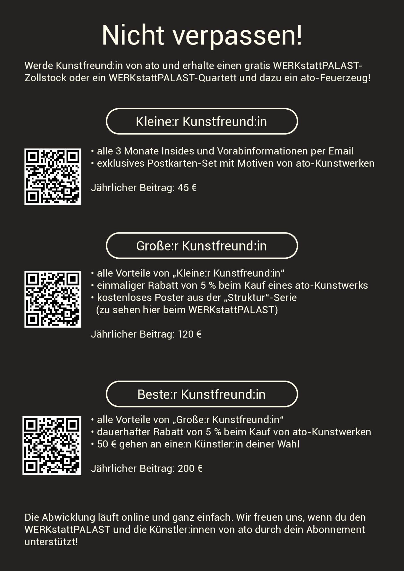 Schwarzer Aushang mit der Überschrift „Nicht verpassen!“ und drei Abschnitten mit QR-Codes und Beschreibungstext.