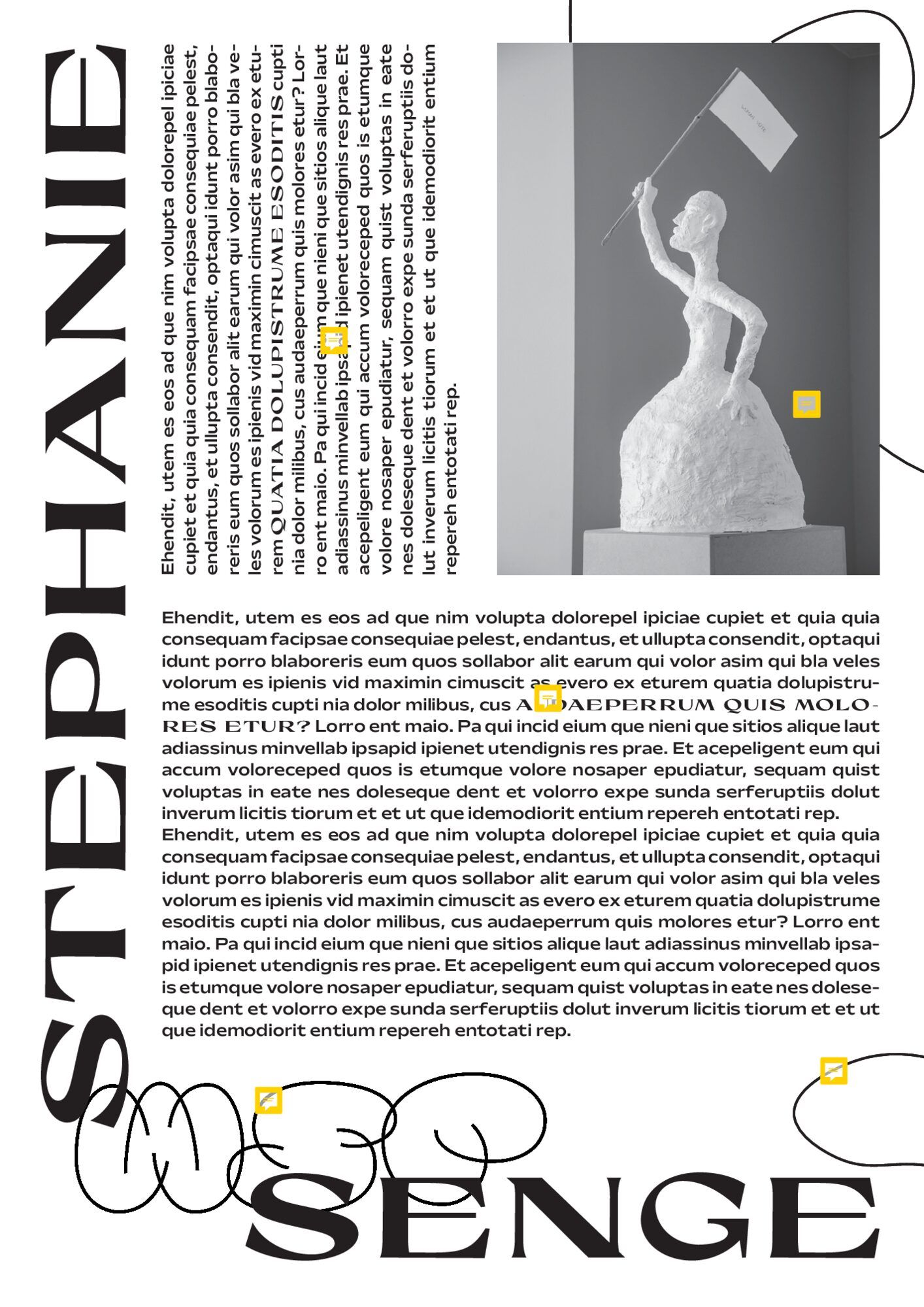 Entwurfsseite mit dem Namen „Stephanie Senge“ in großen Versalien entlang der Ränder, einem Schwarzweißfoto und Spalten mit Blindtext.