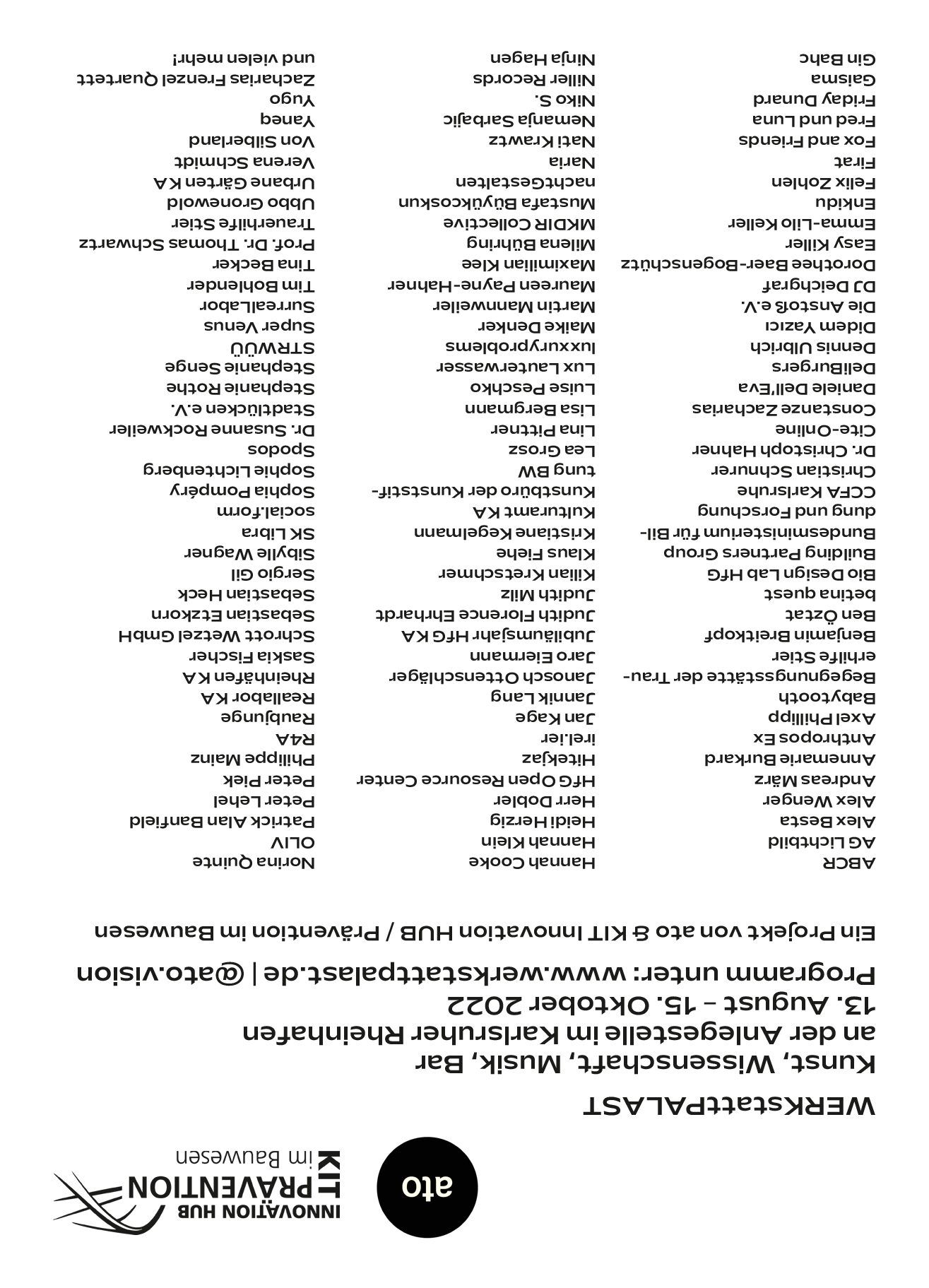 Weiße Flyer-Rückseite mit Titelblock und einer dicht gesetzten, mehrspaltigen Namensliste.