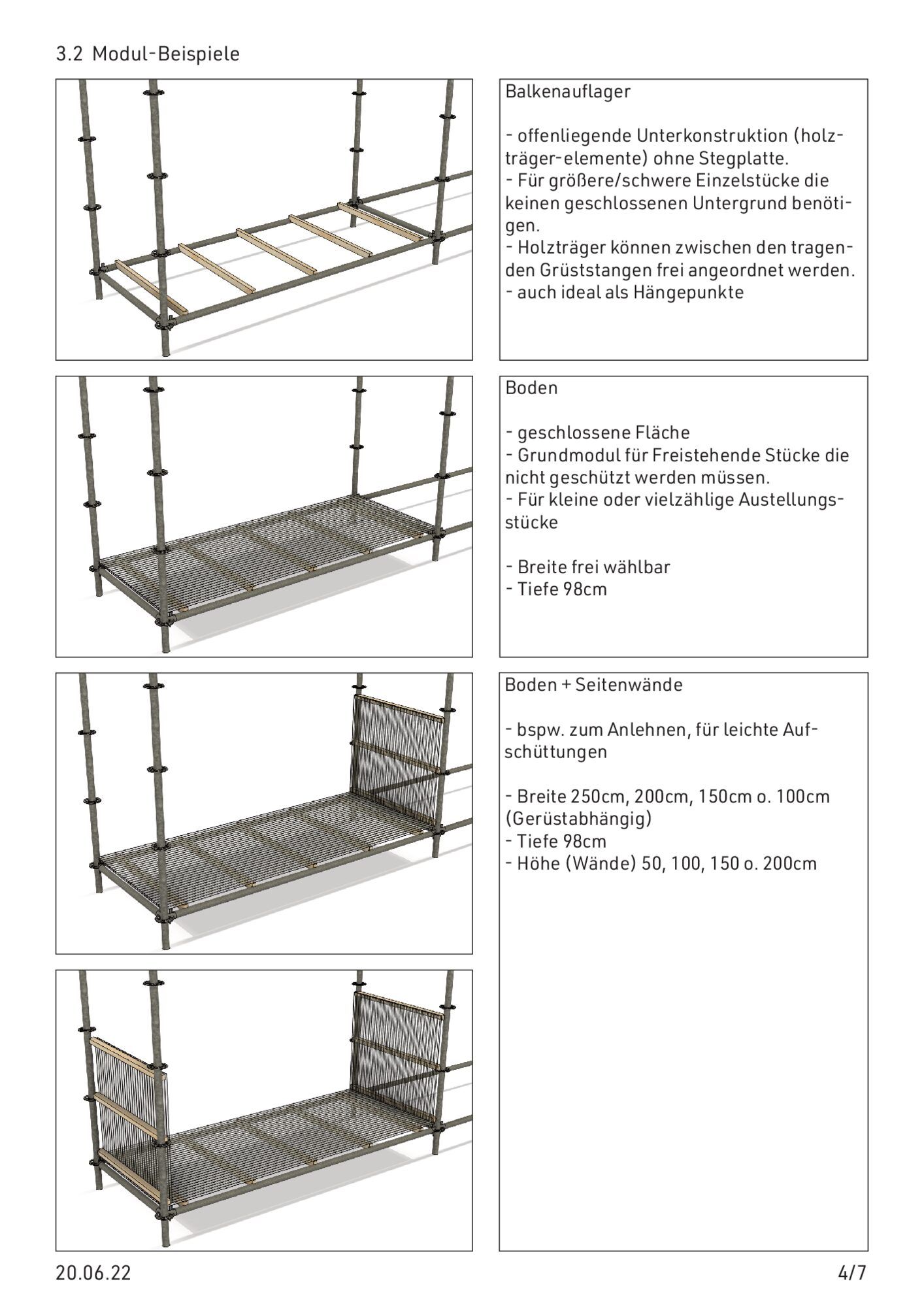 Schwarz-weiße 3D-Visualisierung eines mehrstöckigen Regalmoduls aus Gerüstrohren, daneben Erläuterungstext.