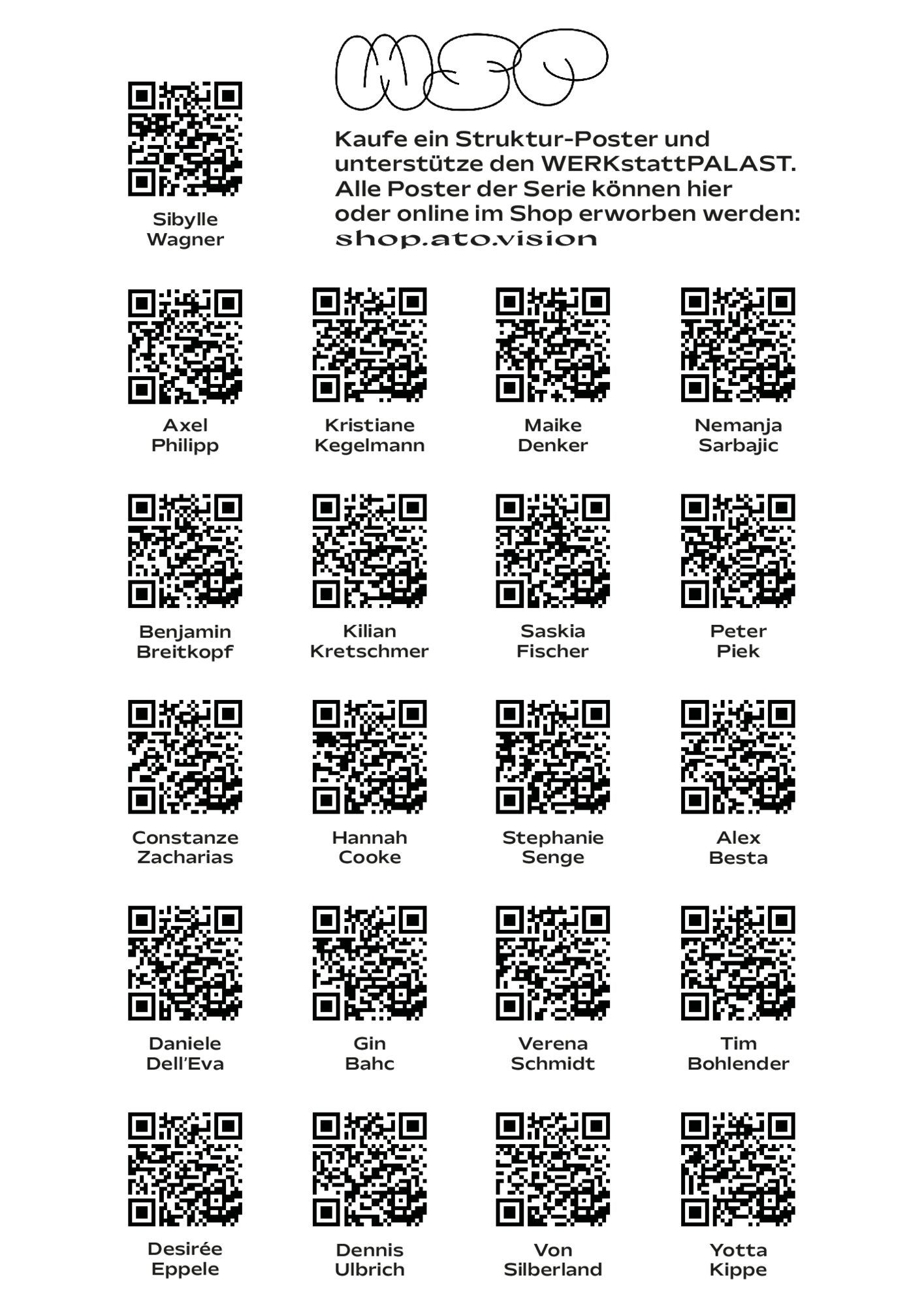 Weißes A3-Plakat mit einem Raster aus QR-Codes und kurzen Beschriftungen, oben das WSP-Logo.