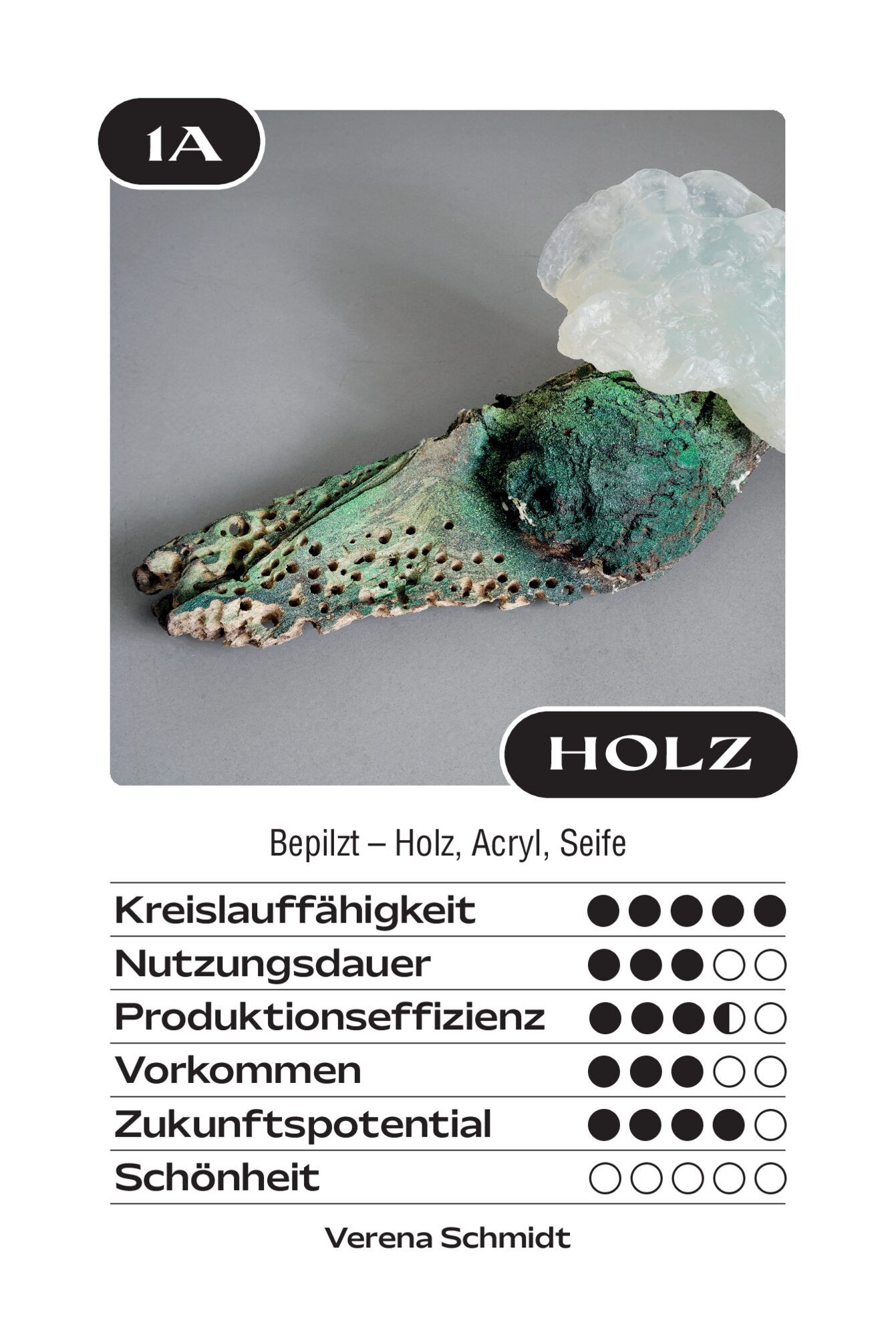 Quartettkarte mit dem Foto eines grünlich bewachsenen Holzobjekts, darunter der Materialname „Holz“ und eine Wertetabelle.