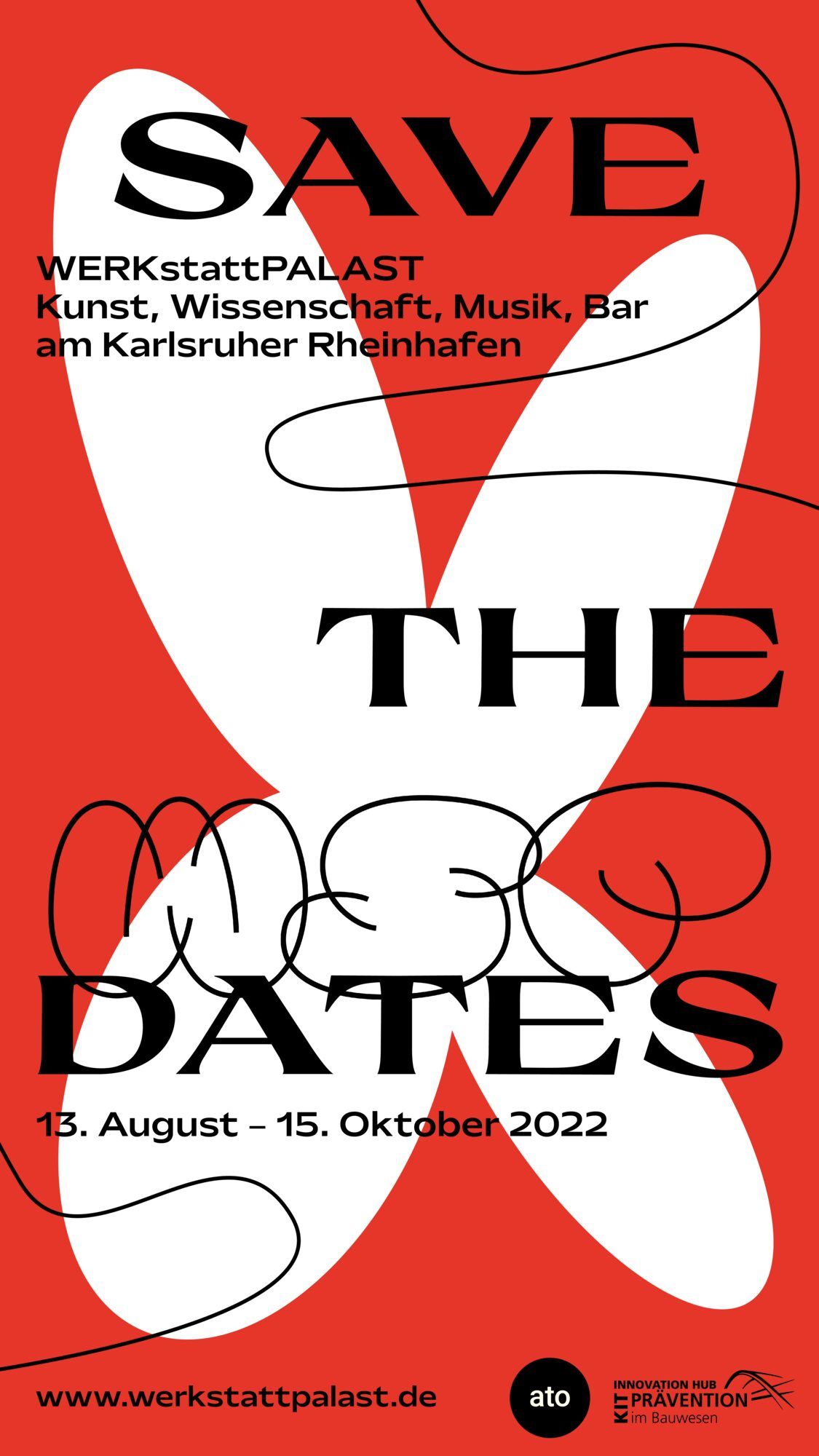 Rotes Hochformat mit weißer Kreuzform, „Save the Dates“ in großen schwarzen Versalien und dem WSP-Logo.