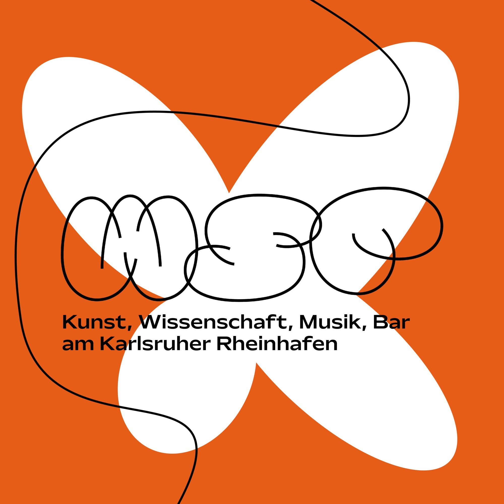 Orange Grafik mit weißer Kreuzform, WSP-Logo und der Zeile „Kunst, Wissenschaft, Musik, Bar am Karlsruher Rheinhafen“.