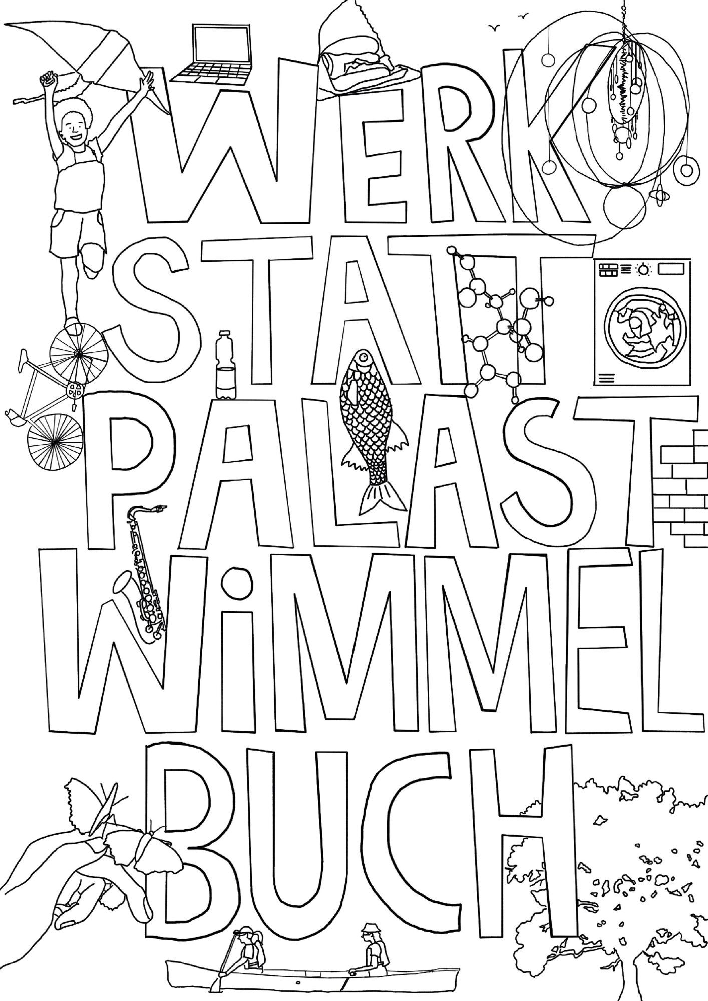 Handgezeichneter Titel „Werkstattpalast Wimmelbuch“ in Konturbuchstaben, schwarz auf weiß.