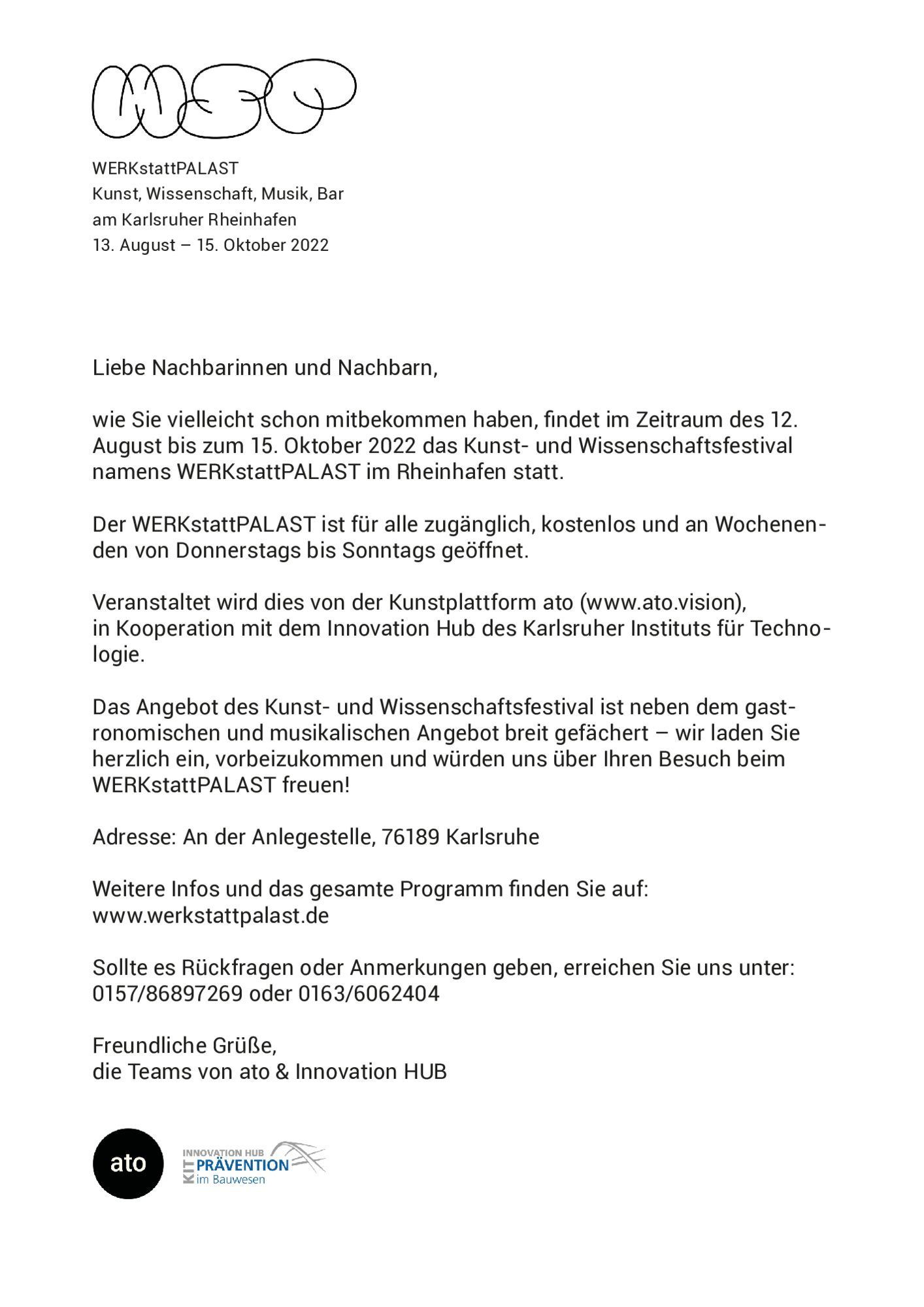 Schlichtes Textblatt mit WSP-Logo oben links und einem Brief an die Nachbarschaft.